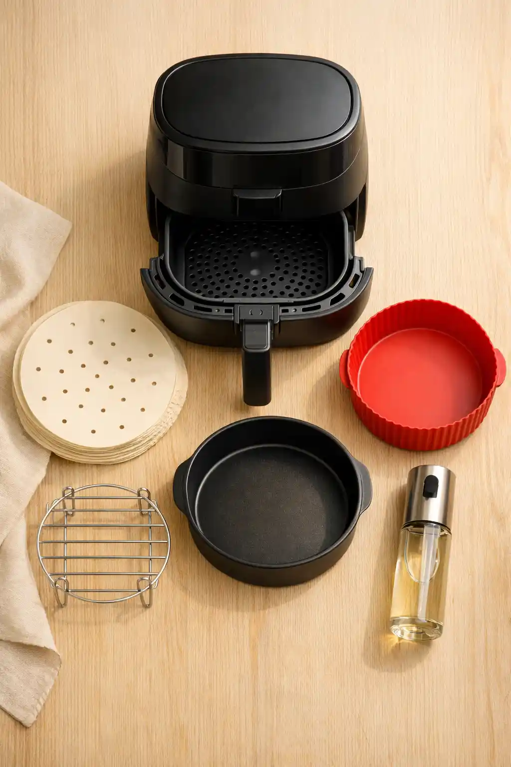 Air fryer surrounded by useful accessories — parchment liners, silicone liner, steel rack, oil sprayer