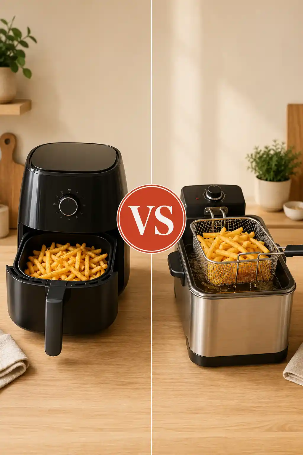 Split comparison image of an air fryer and deep fryer with fries, VS text divider in the center