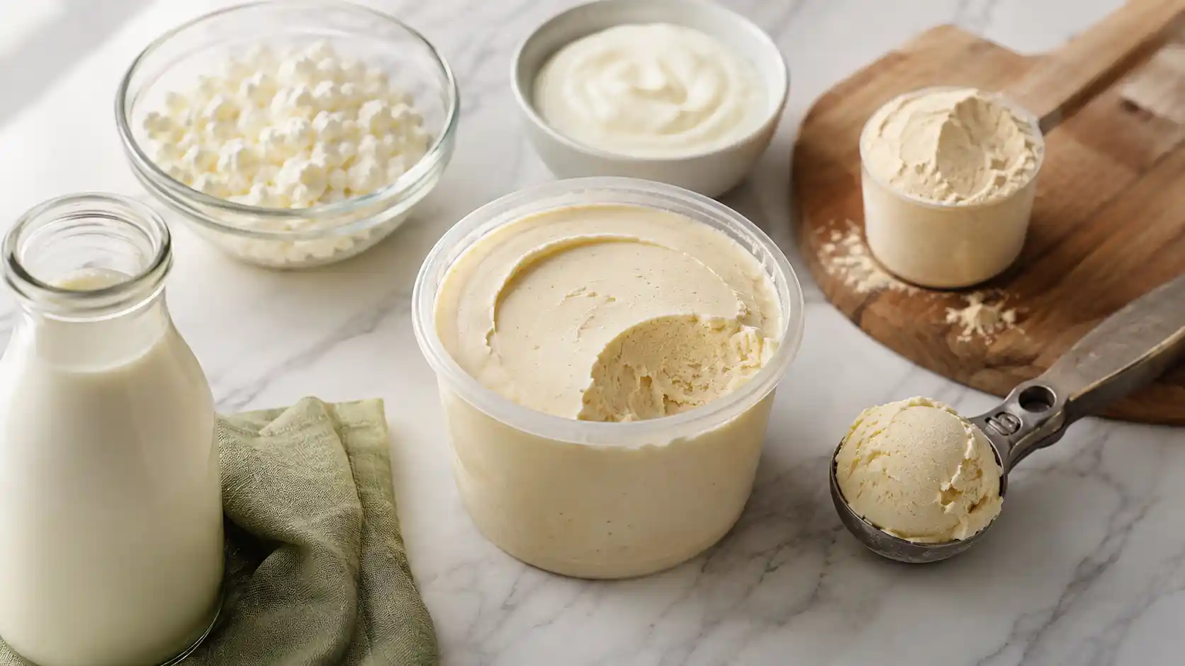 Cottage cheese, Greek yogurt, protein powder, and milk arranged beside a pint of smooth protein ice cream