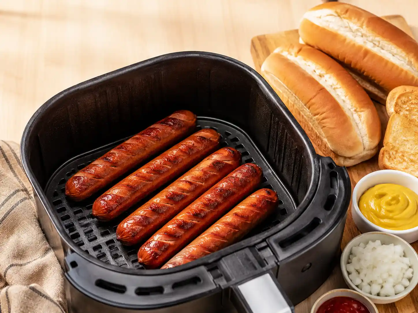 Crispy blistered hot dogs in an air fryer basket with toasted buns and mustard nearby